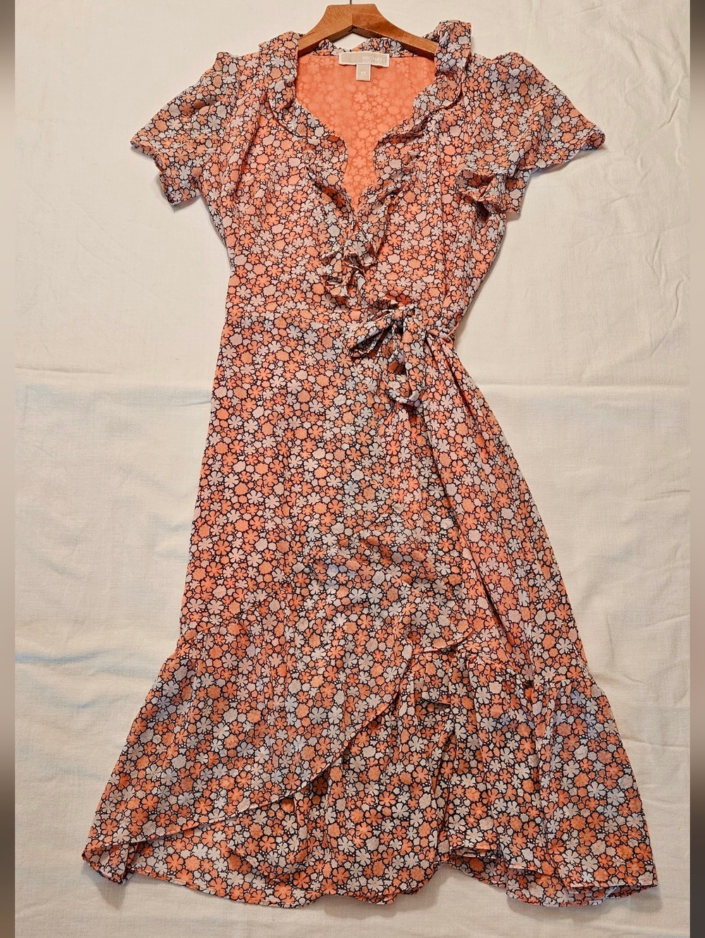 Michael KORS Ruffled Coral Pink Floral Wrap Midi Dress XS - Picture 2 of 5